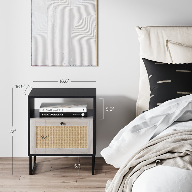 Mina Black Oak and Rattan Storage Accent Table