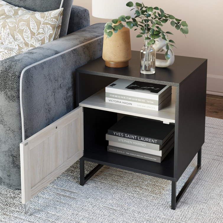 Mina Black Oak and Rattan Storage Accent Table
