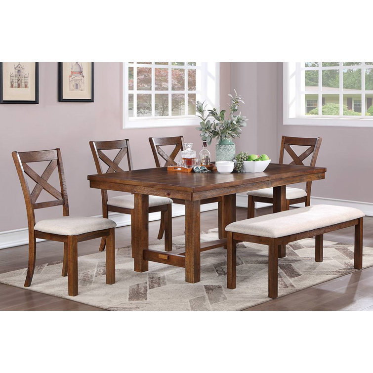 Rustic Pine Wood 6-Piece Dining Set with Bench and Cushioned Chairs
