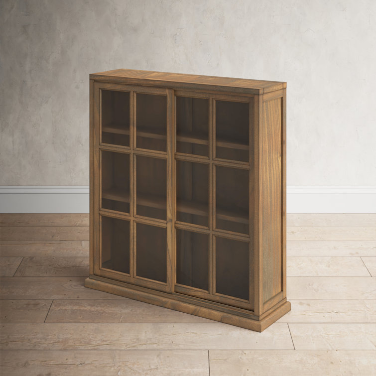 Transitional Oak 3-Tier 38" Bookcase with Sliding Glass Doors