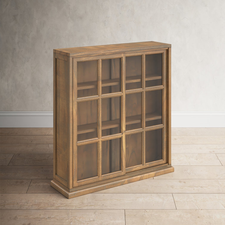 Transitional Oak 3-Tier 38" Bookcase with Sliding Glass Doors