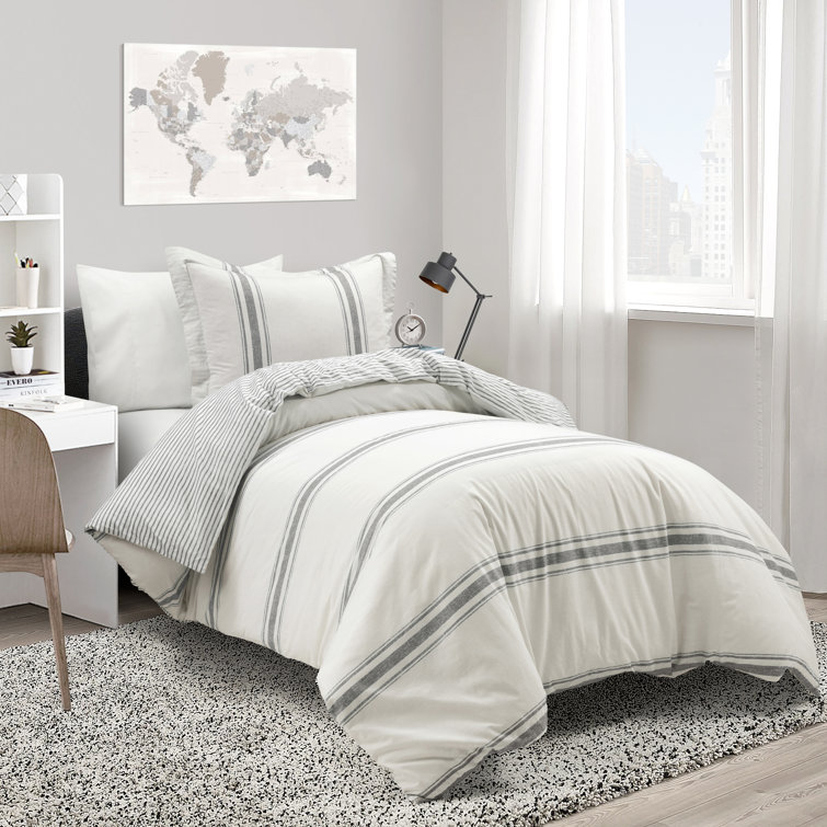 Gray Cotton Full/Queen Farmhouse Stripe Reversible Duvet Cover Set