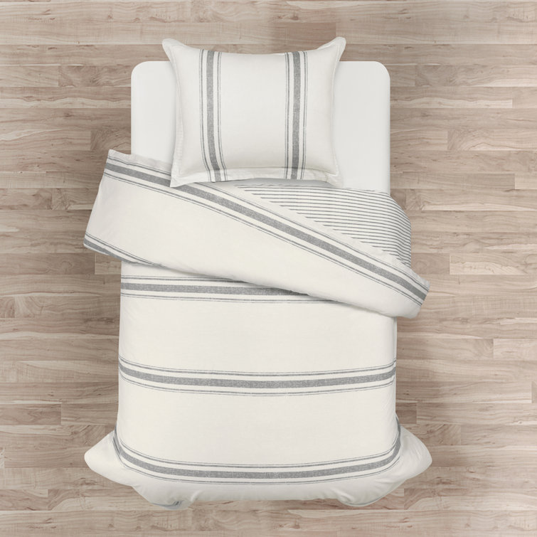 Gray Cotton Full/Queen Farmhouse Stripe Reversible Duvet Cover Set