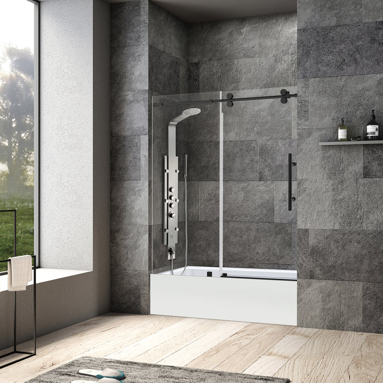 60" x 58" Matte Black Frameless Sliding Tub Door