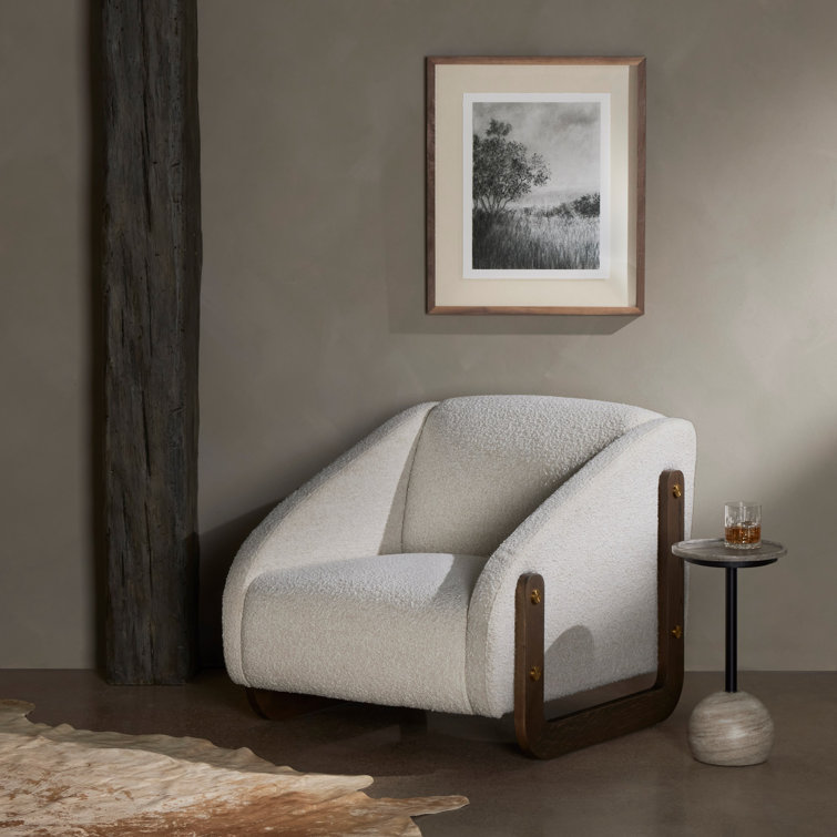 Cream Boucle Upholstered Oak Accent Chair with Brass Caps