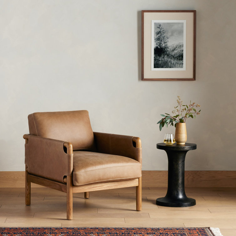 Palermo Drift Brown Leather Accent Chair with Ash Wood Frame