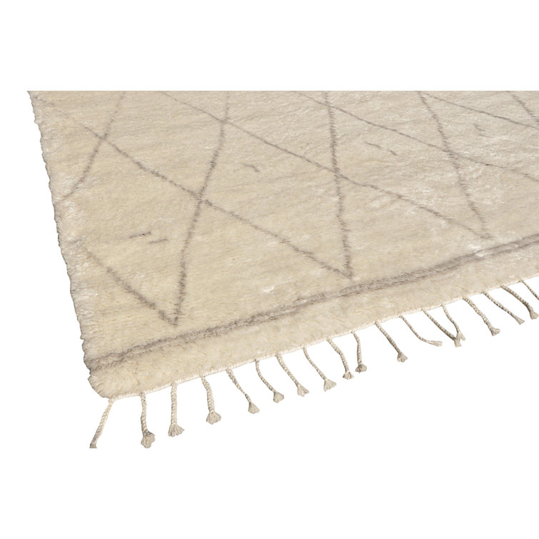 Hand-Knotted Ivory and Gray Wool Silk Moroccan Area Rug