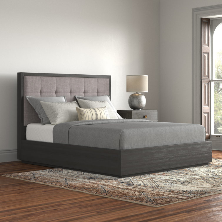 Basalt Grey King-Sized Wood Frame Bed with Tufted Linen Upholstery