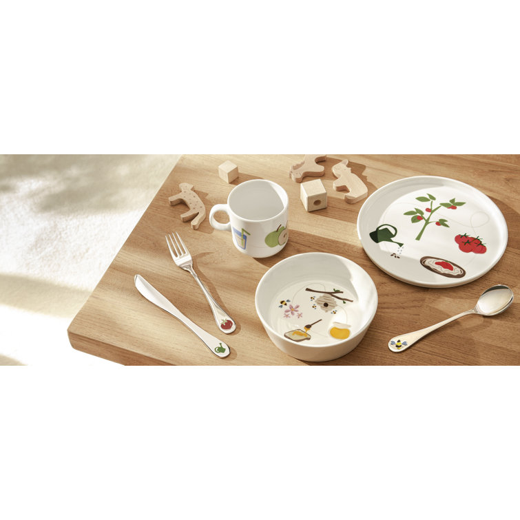White Porcelain Children's Tableware and Cutlery Set with Floral Print