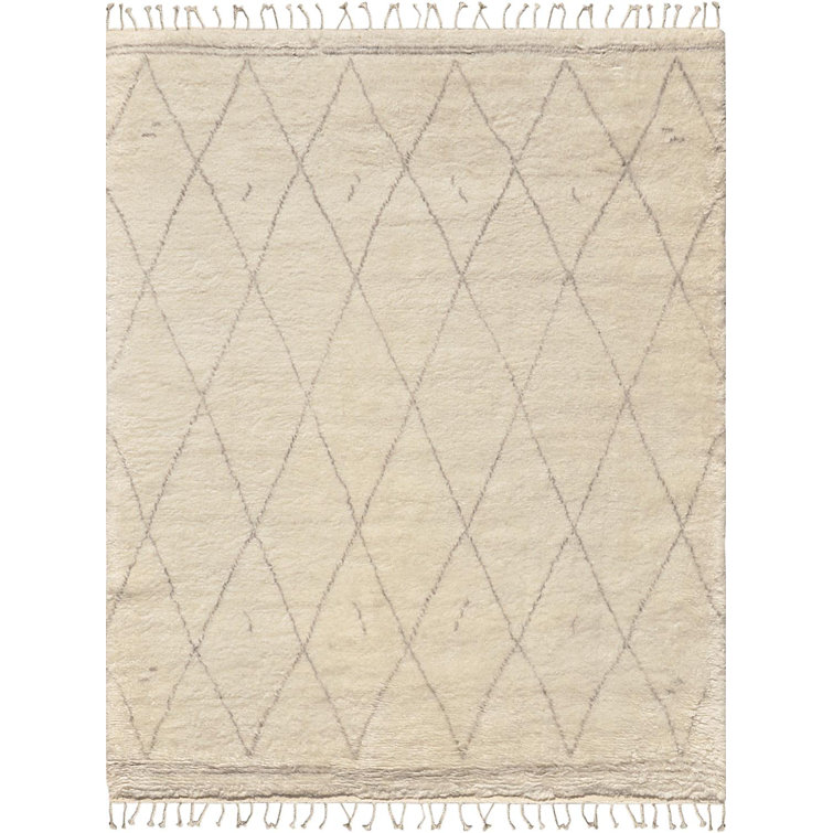 Hand-Knotted Ivory and Gray Wool Silk Moroccan Area Rug