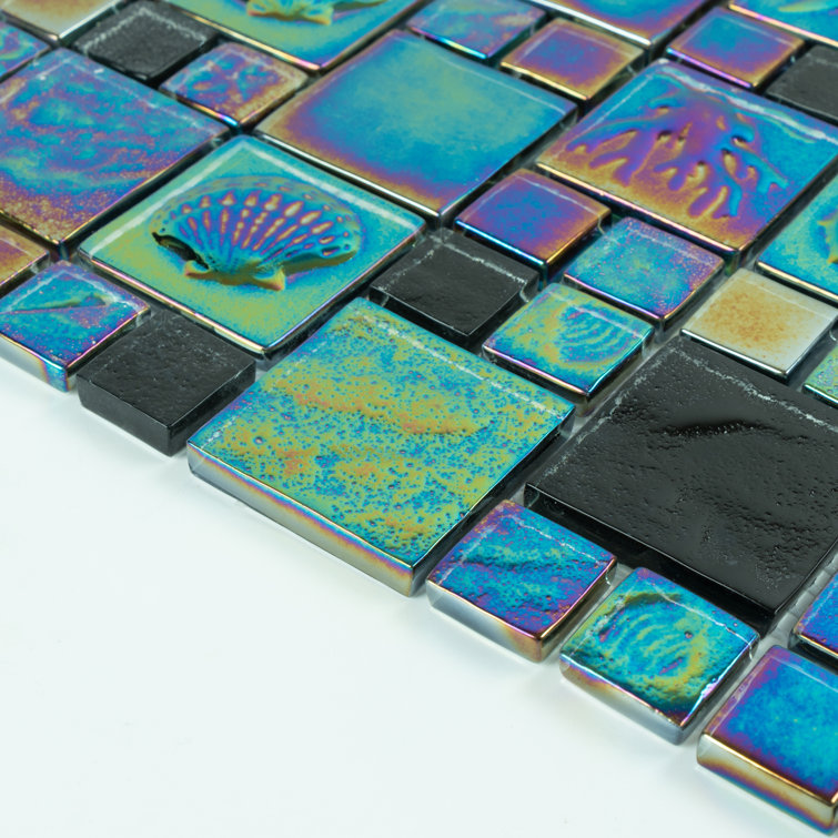 Midnight Mere Iridescent Glass Mosaic Wall Tile, 12-in x 12-in