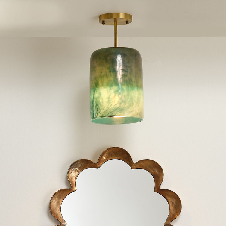 Aqua Metallic Glass & Antique Brass 1-Light Semi-Flush Ceiling Bowl