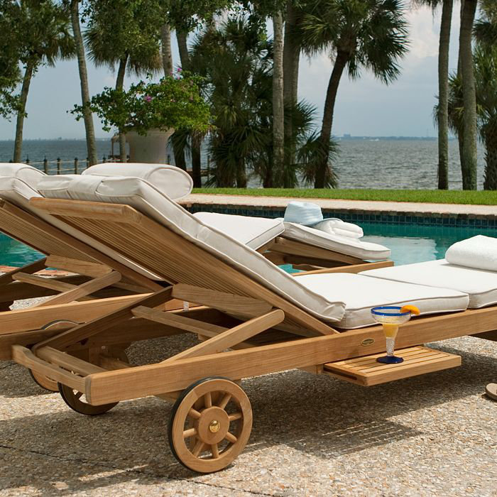 Brown Teak Double Chaise Lounger with Wheels