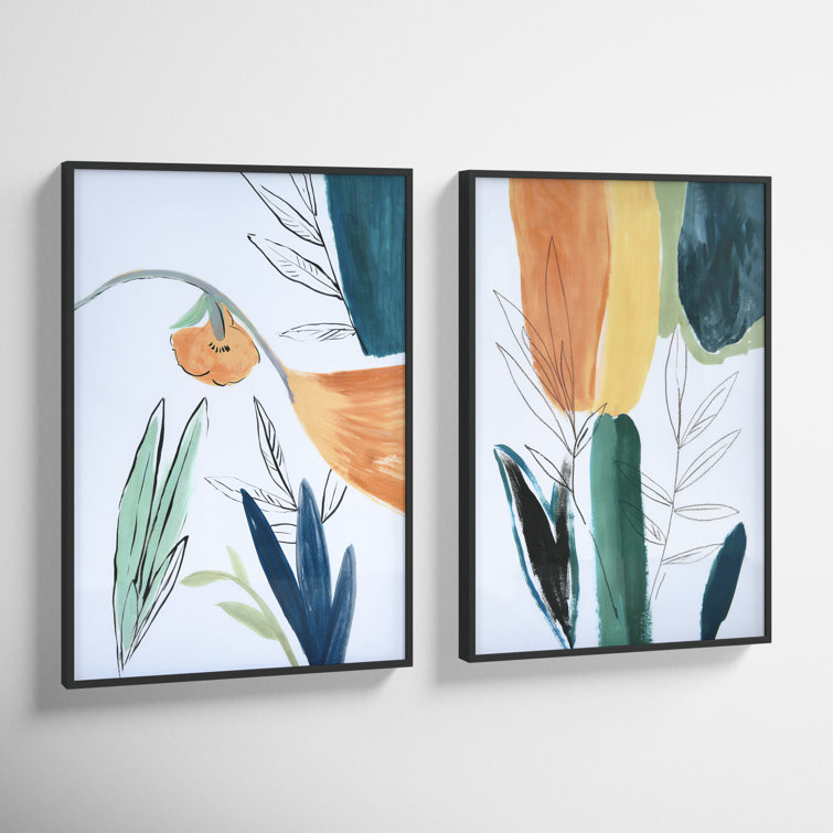 Abstract Floral Watercolor Print in Black Metal Frame, Set of 2