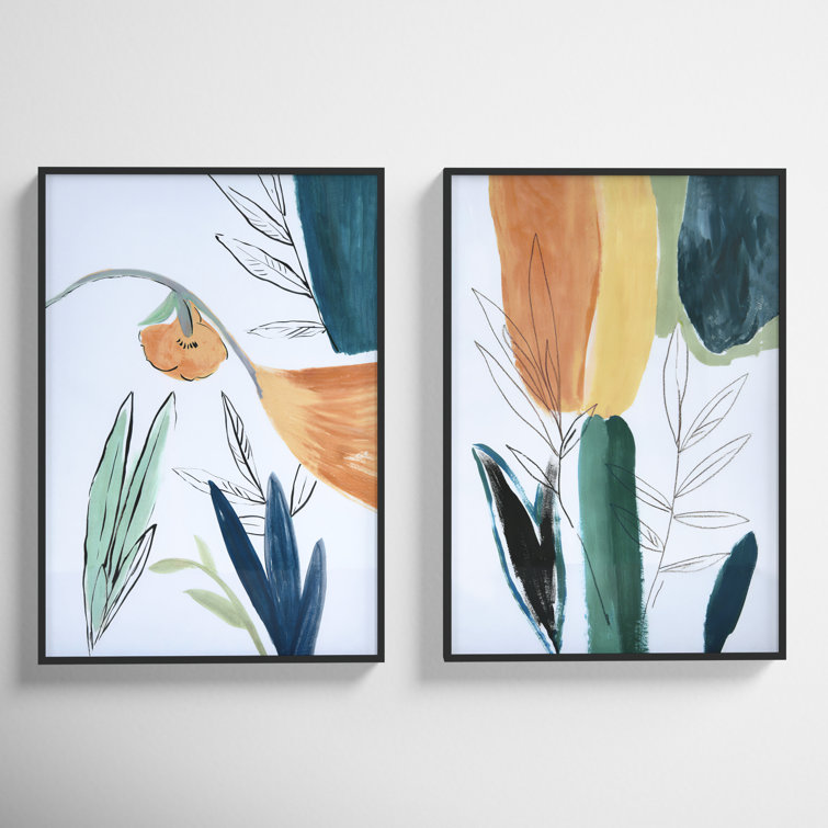 Abstract Floral Watercolor Print in Black Metal Frame, Set of 2