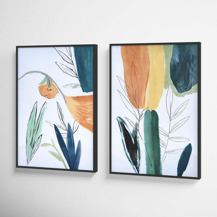 Abstract Floral Watercolor Print in Black Metal Frame, Set of 2