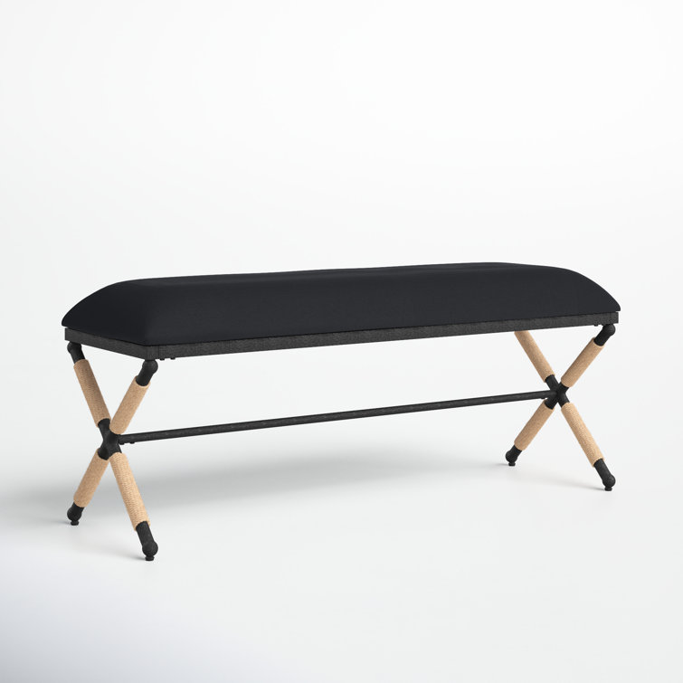 Carmelo Coastal-Chic Beige Cushioned Bench with Black Iron Base
