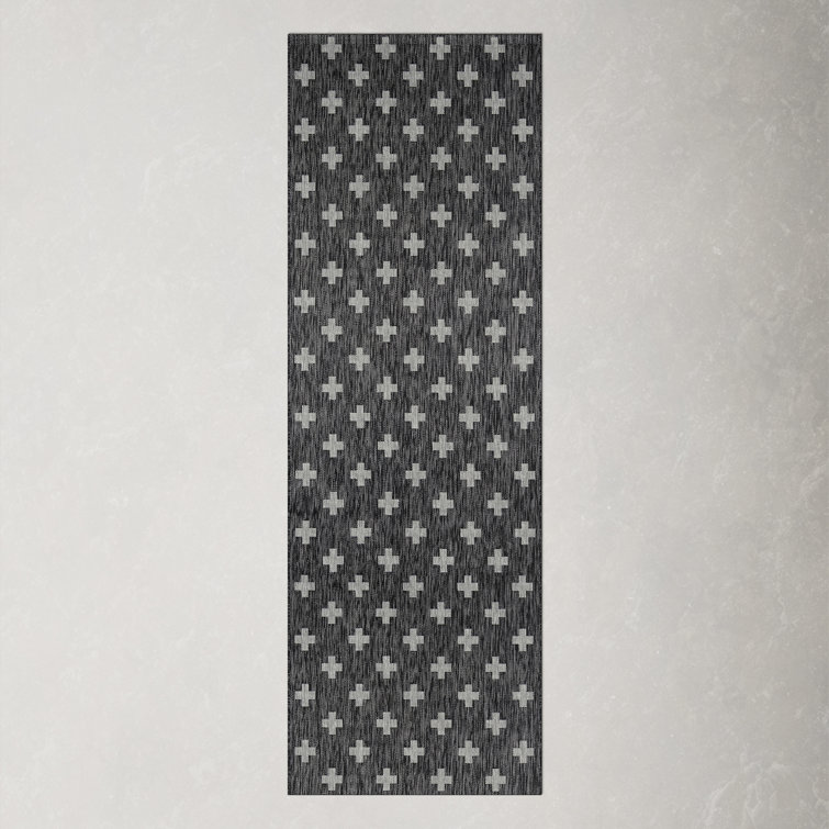 Contemporary Geometric Black Synthetic Runner Rug 2'7" x 7'6"