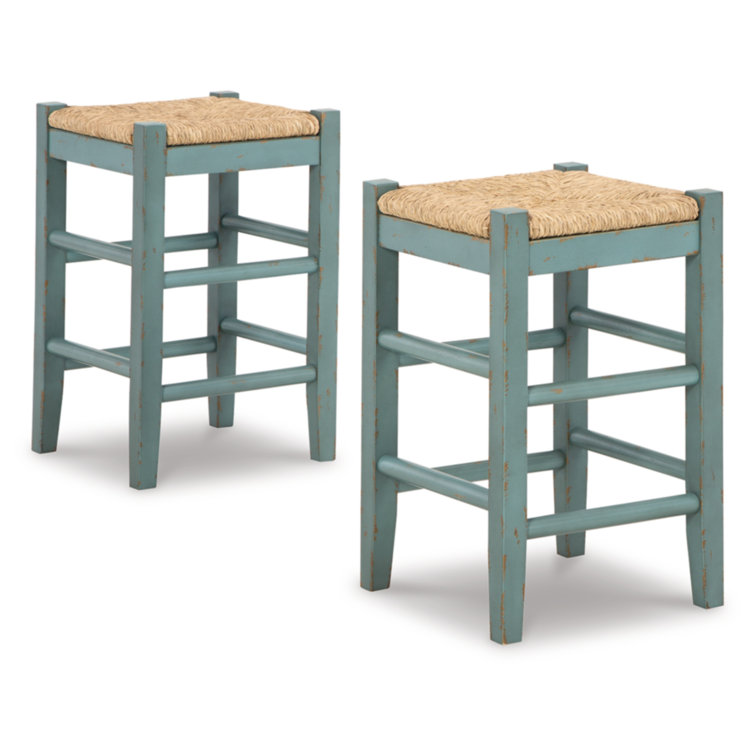 Teal Wood Backless Counter Stool with Woven Seat