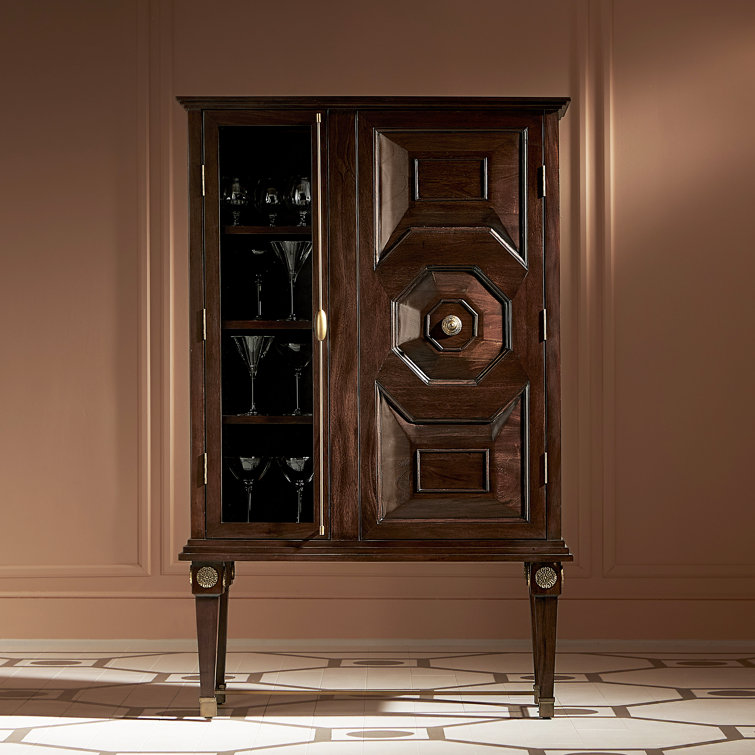Distressed Walnut Mahogany Bar Cabinet with Antique Brass Details