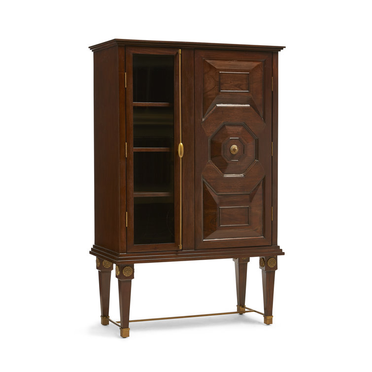 Distressed Walnut Mahogany Bar Cabinet with Antique Brass Details