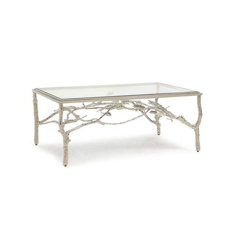 Rectangular Silver Glass Coffee Table with Brass Base