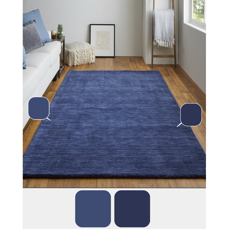 Handwoven Blue Wool Rectangular Stain-Resistant Rug