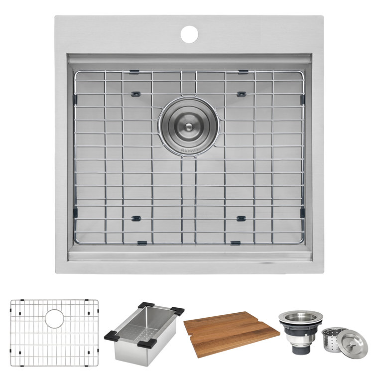 21" x 20" Stainless Steel Topmount Workstation Sink with Sapele Wood Cutting Board
