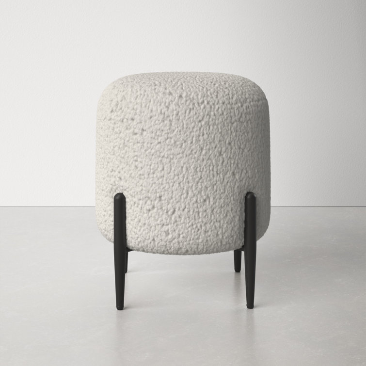 White Faux Shearling Round Ottoman with Black Metal Legs