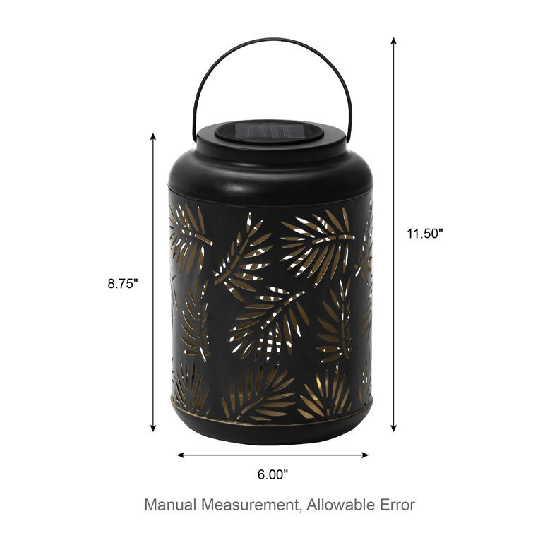 Black Metal Cylinder Solar Powered Outdoor Lantern with Leaf Cutouts