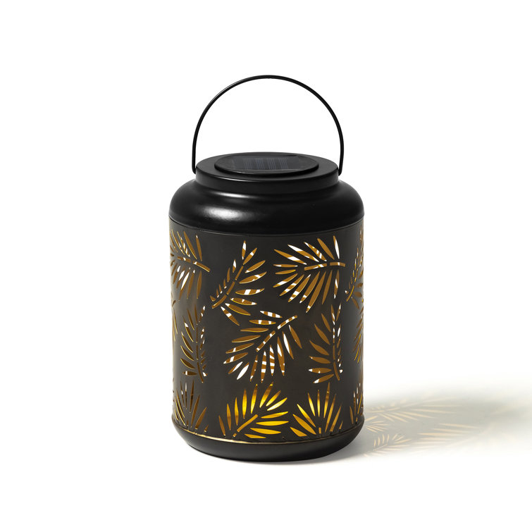 Black Metal Cylinder Solar Powered Outdoor Lantern with Leaf Cutouts