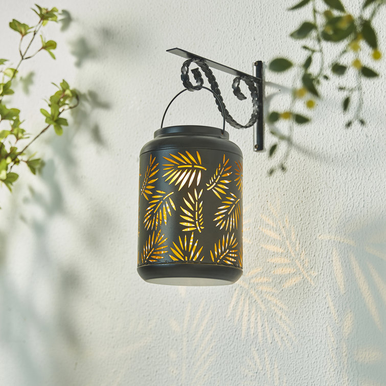 Black Metal Cylinder Solar Powered Outdoor Lantern with Leaf Cutouts