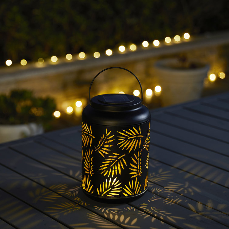 Black Metal Cylinder Solar Powered Outdoor Lantern with Leaf Cutouts