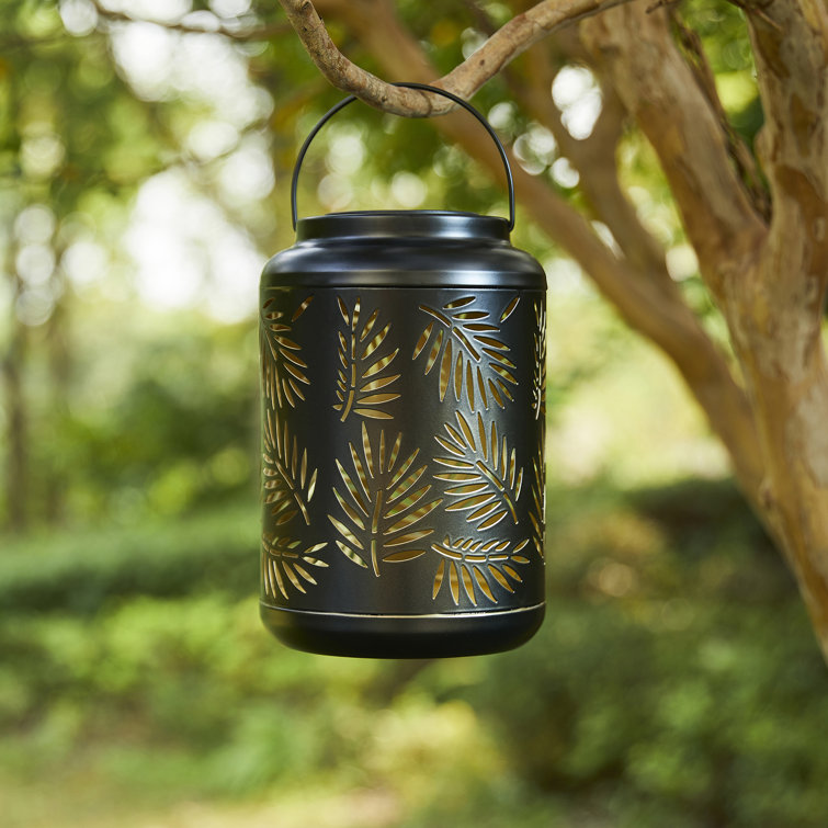 Black Metal Cylinder Solar Powered Outdoor Lantern with Leaf Cutouts