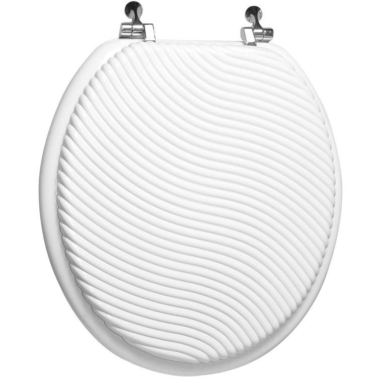 White Engraved Sand Wave Design Wood Round Toilet Seat