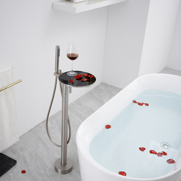 Brushed Nickel Freestanding Roman Tub Faucet with Hand Shower and Tray