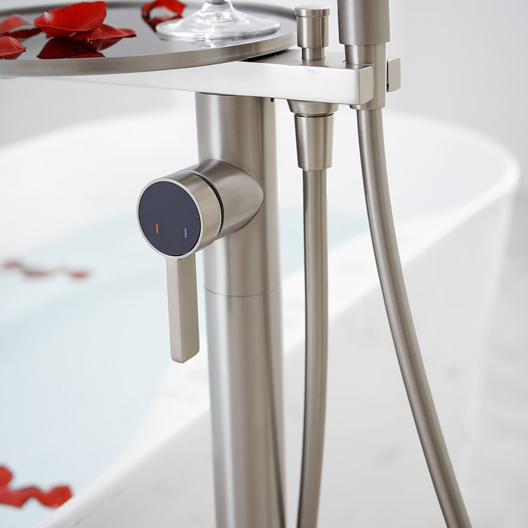 Brushed Nickel Freestanding Roman Tub Faucet with Hand Shower and Tray