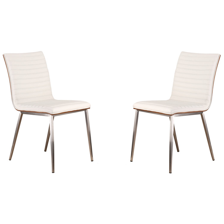 White Faux Leather and Stainless Steel Dining Chair Set