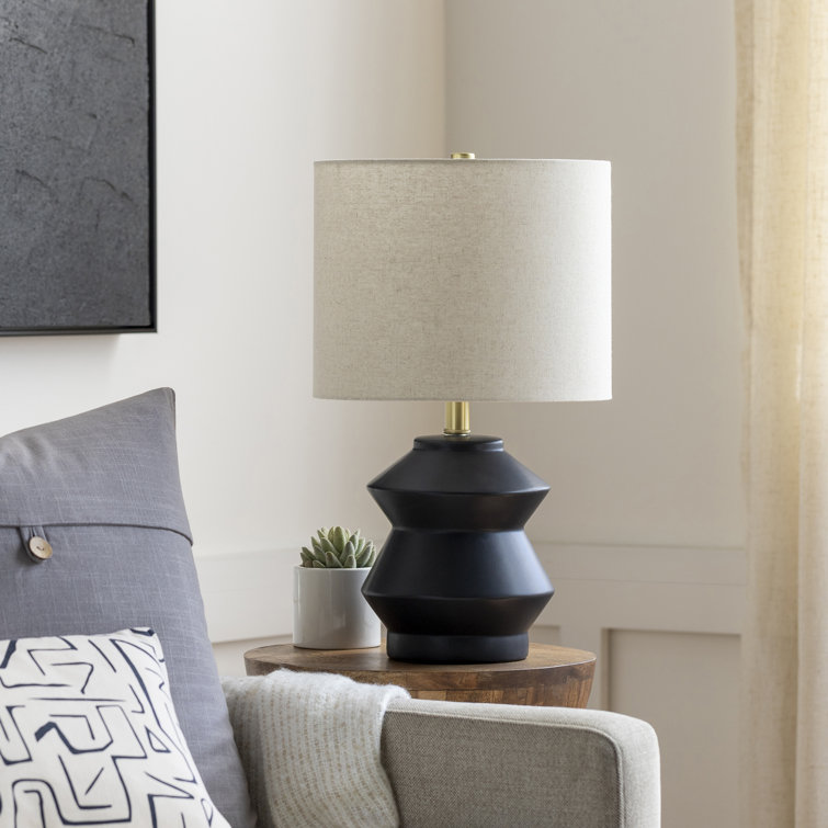 Black Geometric Ceramic Table Lamp with Beige Linen Shade