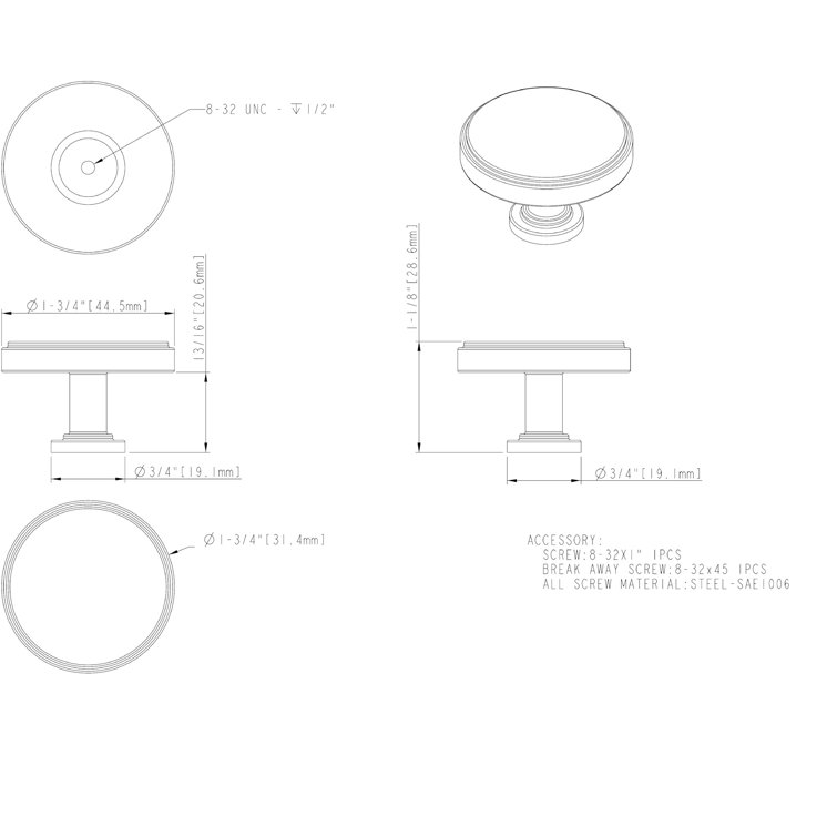 Satin Nickel Brushed Square Cabinet Knob with Mounting Hardware