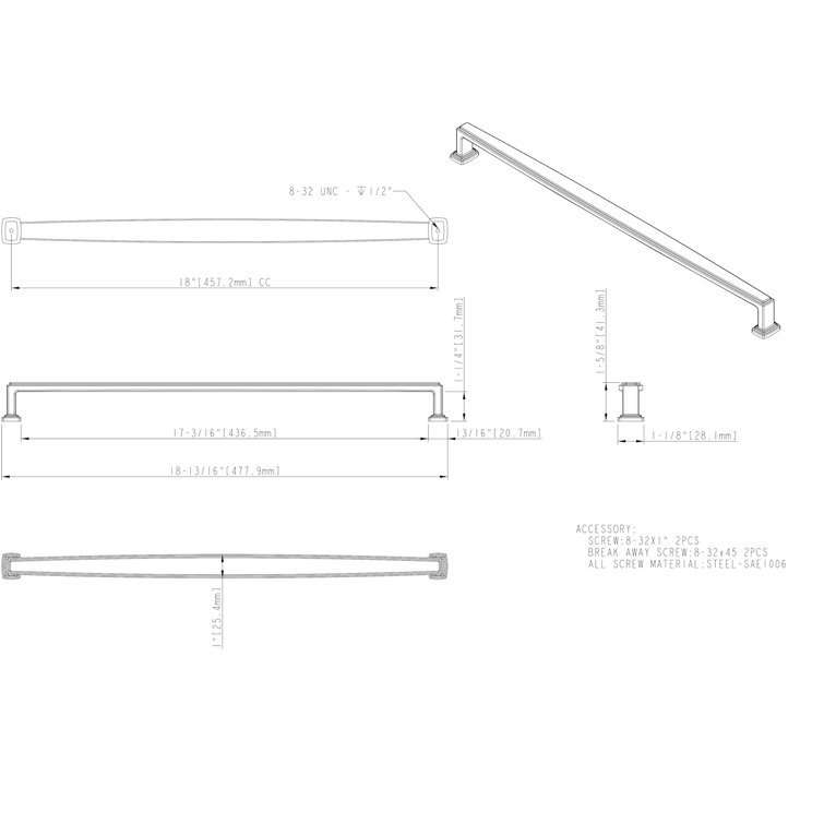 18" Brushed Gold Modern Appliance Pull with Mounting Hardware