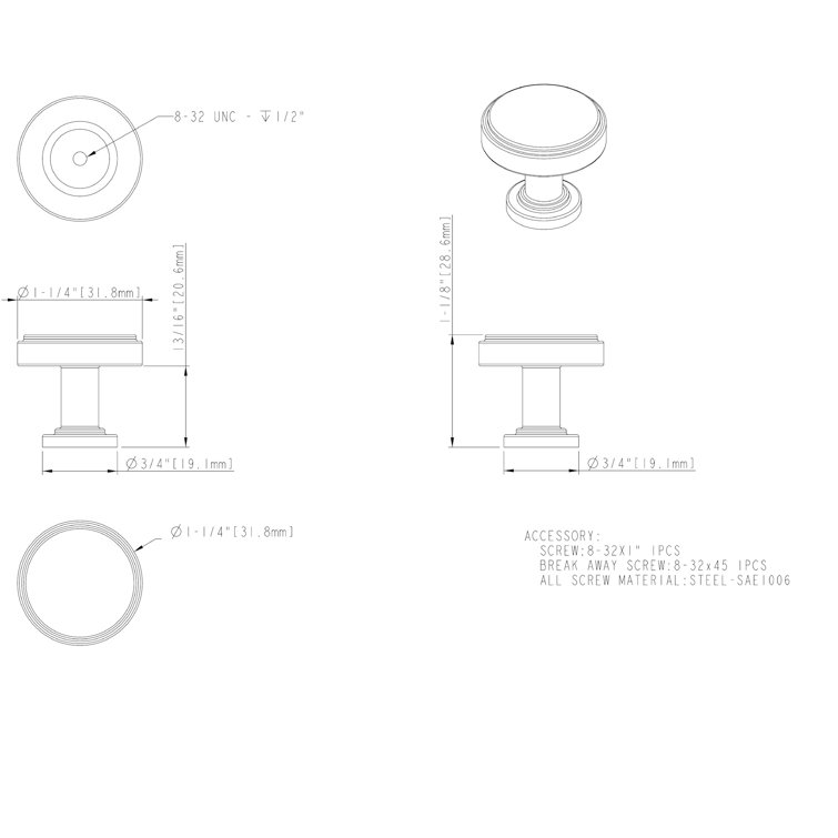 Satin Nickel Brushed Square Cabinet Knob with Mounting Hardware