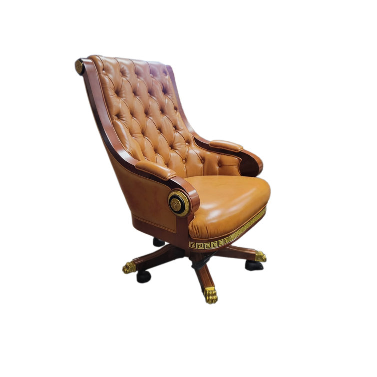 Walnut and Leather Tufted Swivel Executive Chair