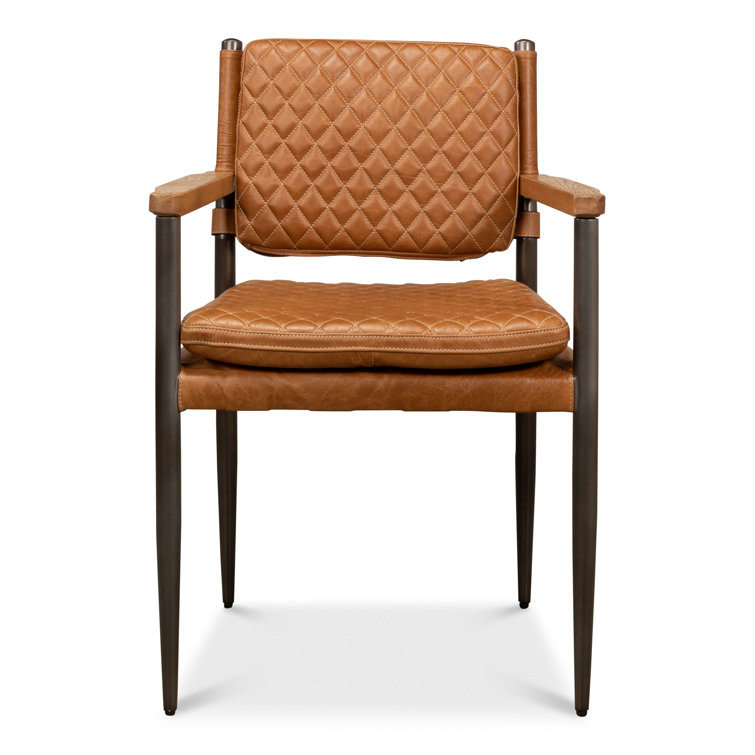 Handcrafted Brown Quilted Leather and Metal Armchair