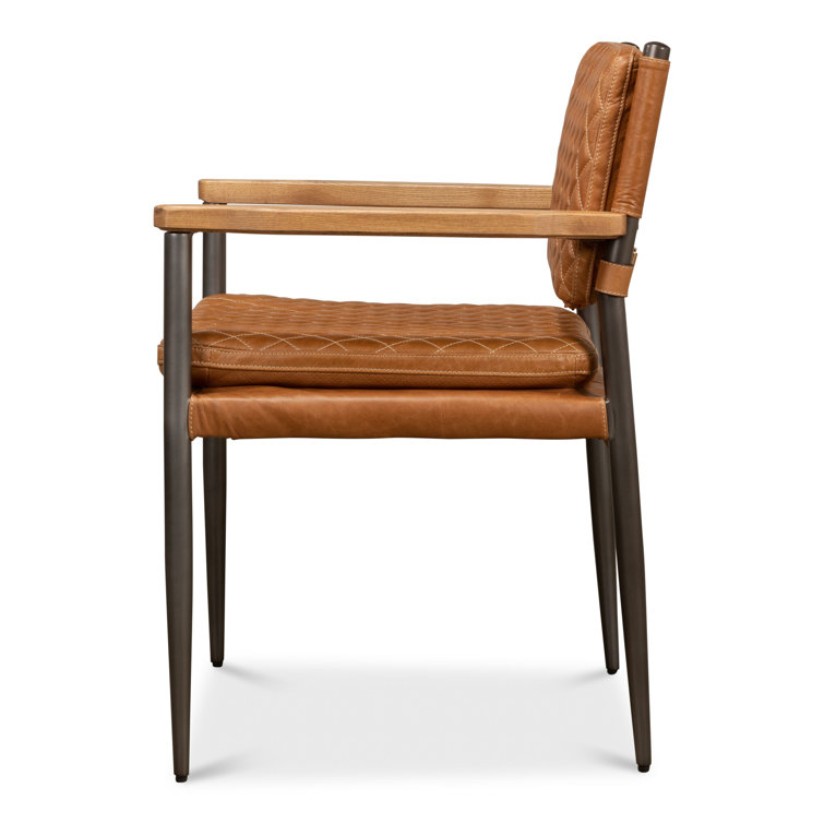 Handcrafted Brown Quilted Leather and Metal Armchair