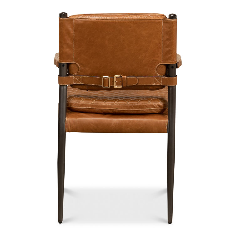 Handcrafted Brown Quilted Leather and Metal Armchair