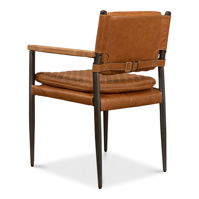 Handcrafted Brown Quilted Leather and Metal Armchair