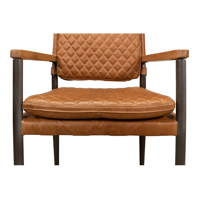 Handcrafted Brown Quilted Leather and Metal Armchair