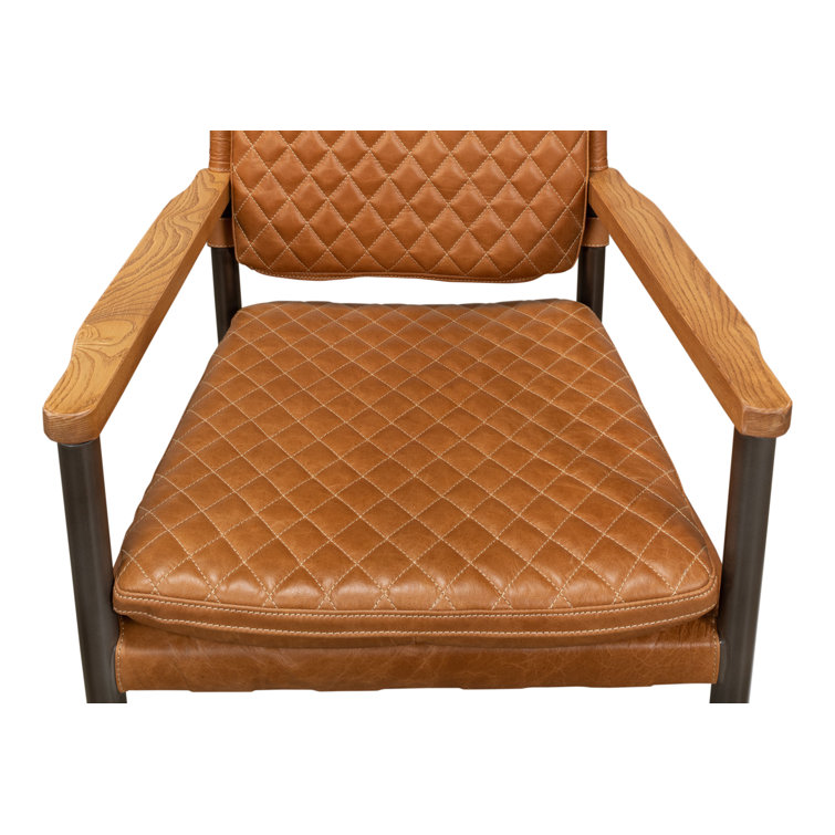 Handcrafted Brown Quilted Leather and Metal Armchair