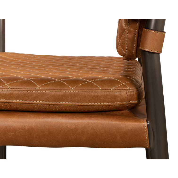 Handcrafted Brown Quilted Leather and Metal Armchair